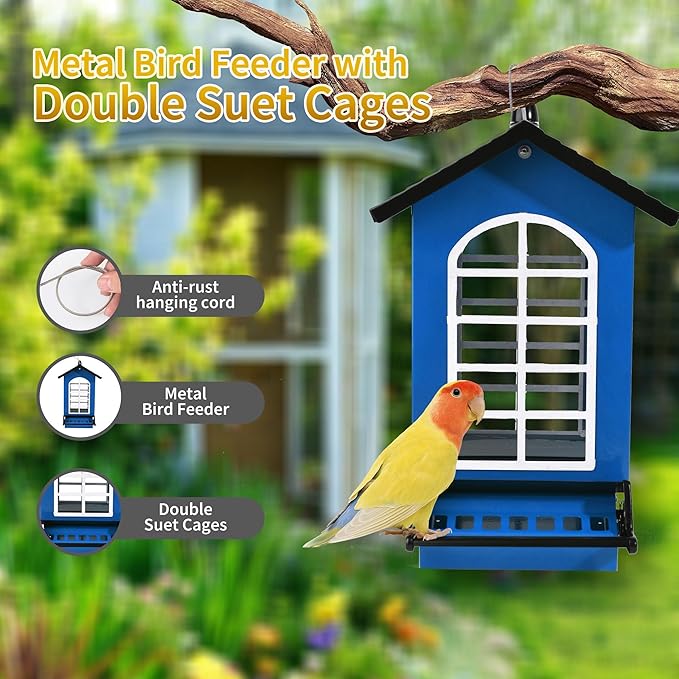 Bird Feeder Squirrel Proof Metal Hanging for Outdoor Wild Bird Seed, 5LBS with Bilateral Weight-Activated Perches, Heavy Duty Bird Feeders for Outside Wild Bird - Blue-VerdiqueGarden