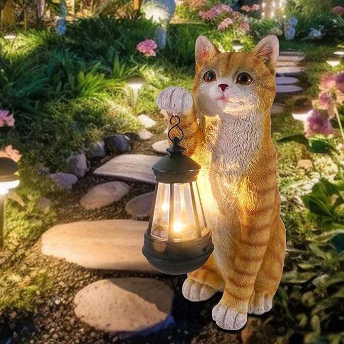 Cat Statues for Garden - Solar Powered Outdoor Cat Garden Statue, Crafted Garden Sculptures & Statues for Patio, Yard, Lawn, Gardening Gifts for Women and Mom(11" Cat)-VerdiqueGarden