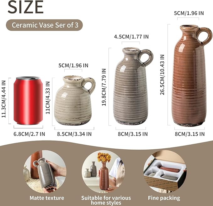 Ceramic Vases Set of 3, Neutral Rustic Farmhouse Vase with Handle, Decorative Flower Vases Home Decor Modern Boho Pampass Vase for Table Mantel Entryway Shelf Living Room Kitchen Bathroom - Brown-VerdiqueGarden