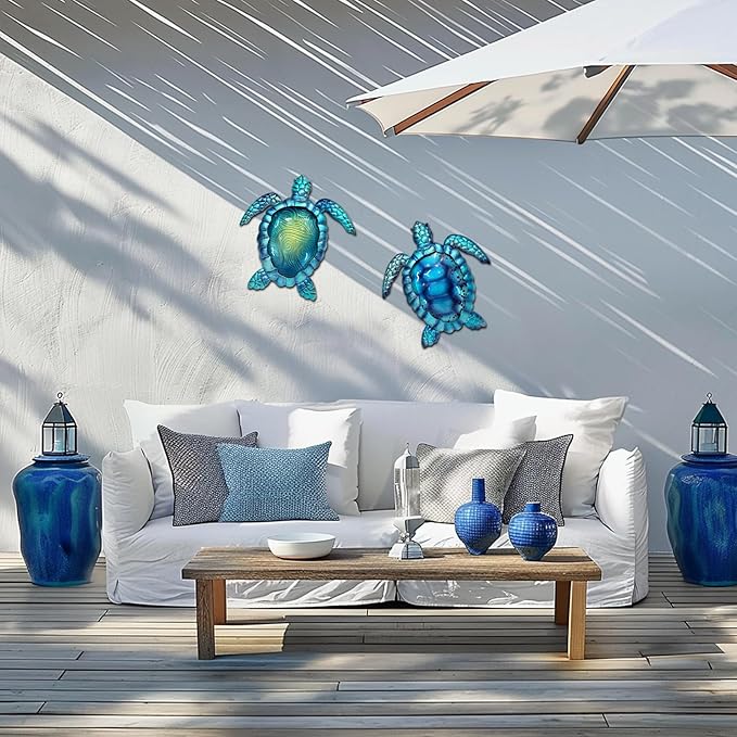 LIFFY Metal Turtle Wall Art Decor Ocean Wall Hanging Coastal Wall Sculptures Beach Theme Wall Decoration for Indoor Outdoor Bathroom Beach Garden Pool (10", 2 pcs)-VerdiqueGarden