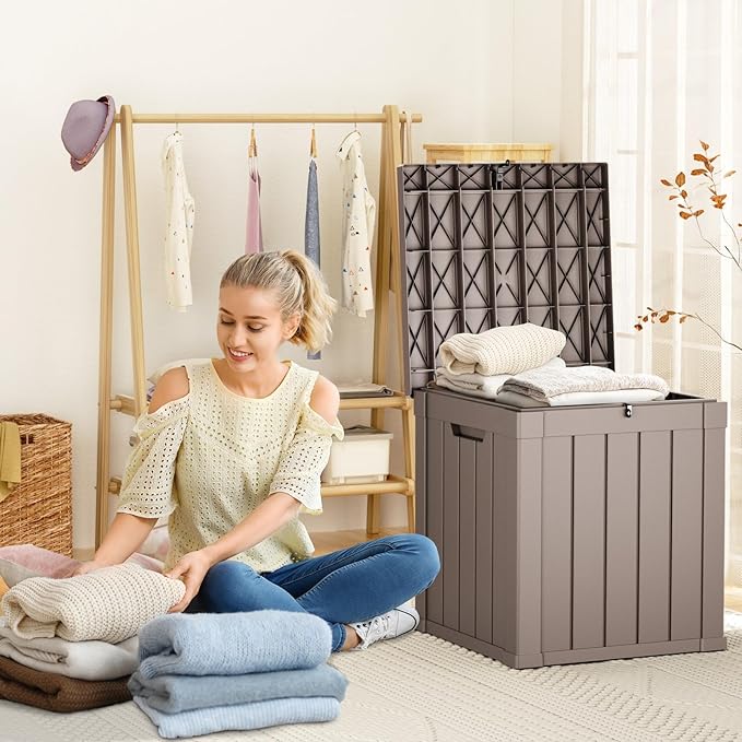 DRATO 50 Gallon Deck Box, Outdoor Storage Box for Patio Cushion, Sports Equipment, Garden Tools, Waterproof Patio Storage box, Lockable (Light Brown)-VerdiqueGarden