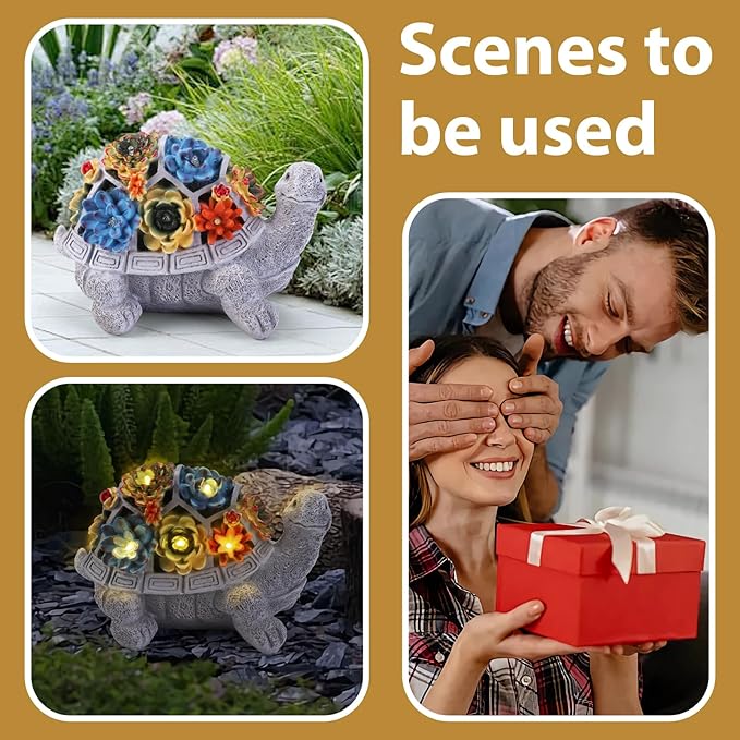 Solar Garden Statues Turtle with Succulent and 6 LED Lights, 9.1" L x 5.7" W x 6.7" H Outdoor Solar Decor, Turtle Garden Figurines for Lawn, Balcony, Yard Decoration, Gifts for Mom Wife-VerdiqueGarden