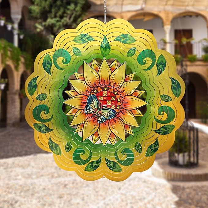 Sunflower Wind Spinners 3D Hanging Wind Spinner Sunflower Ornament Gifts for Women Mom Grandma,12inch Metal Wind Kinetic Sculpture for Outdoor&Indoor Decor, Yard Art, Garden Decoration-VerdiqueGarden