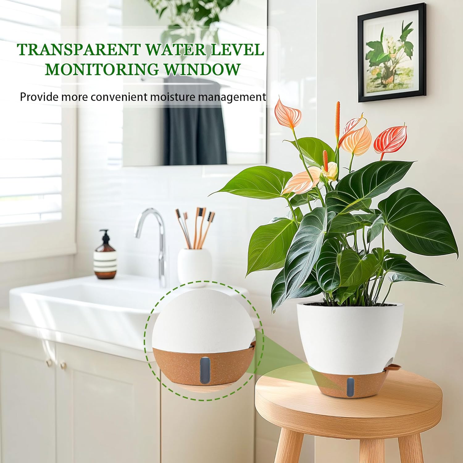 2 Pack 10 inch Plant Pots, Plastic Self Watering Planters with Drainage Holes, Deep Reservoir, Water Level Indicator, Modern Decorative Flower Pots for Indoor Outdoor Plants (White, 10 inch)-VerdiqueGarden