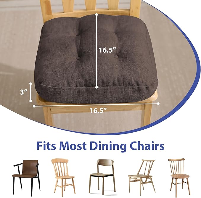 Chair Cushions for Dining Chairs, Dining Chair Cushions, Tufted Indoor Chair Pads with Ties & Non Slip Backing, Seat Cushions for Kitchen Chairs 16.5” x 16.5” x 3.5”, Set of 6, Brown-VerdiqueGarden
