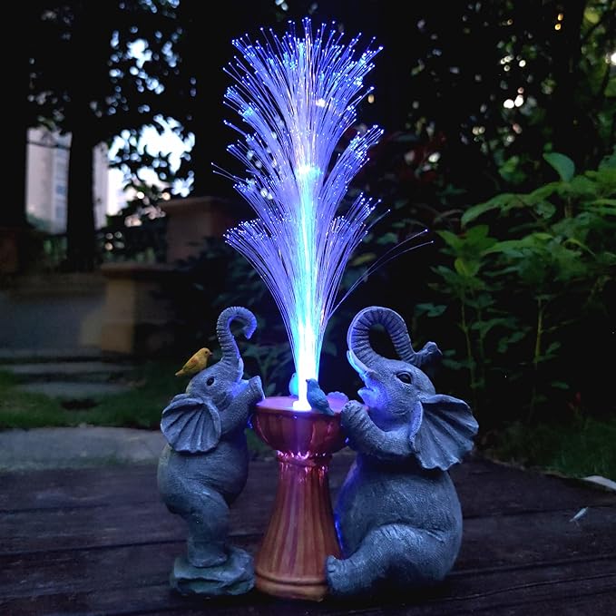 Elephant Statue Solar Garden Decor,Resin Elephant Statue and Colour Changing Optical Fiber Solar Lights,Outdoor Decor for Balcony, Garden, Patio, Yard, Lawn, Gifts for Mom Grandma-VerdiqueGarden