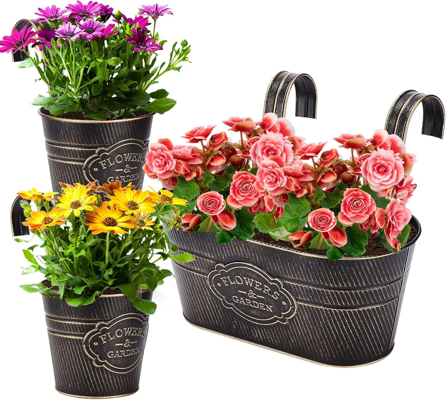 PerGar Vintage Metal Iron Wall Hanging Flower Pots, Rustic Planter Bucket Herb Flower Plant Holder with Detachable Hooks & Drainage Hole for Railing Fence Balcony Deck Garden Home Decoration, Set of 3-VerdiqueGarden