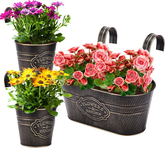 PerGar Vintage Metal Iron Wall Hanging Flower Pots, Rustic Planter Bucket Herb Flower Plant Holder with Detachable Hooks & Drainage Hole for Railing Fence Balcony Deck Garden Home Decoration, Set of 3-VerdiqueGarden