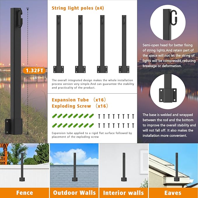 AILBTON 2.8FT 4 Pack Suspension Outdoor String Light Poles for Outside String Lights Hanging,with Clip and Holder,Light Post Mounting Stand for Patio Fence Wall Garden Backyard Deck-VerdiqueGarden