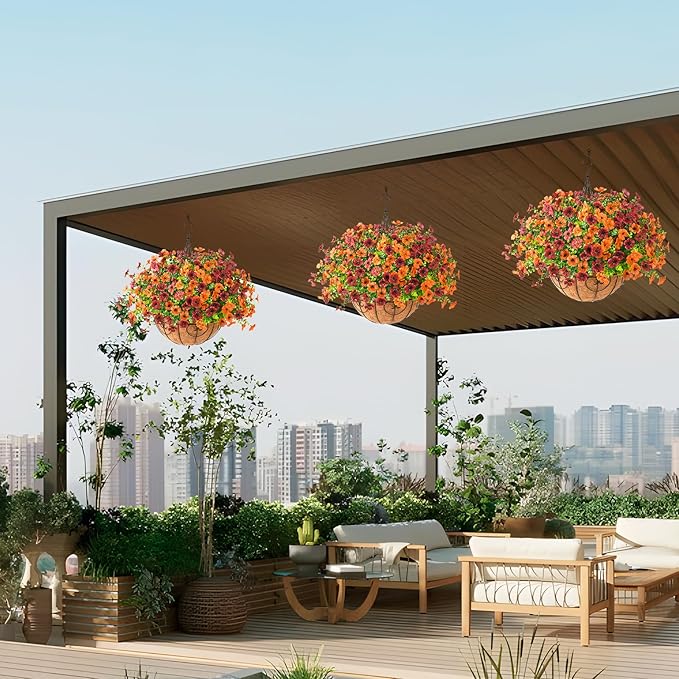 Artificial Fake Hanging Plants Flowers Basket, Faux Silk Daisy in Planter Realistic UV Resistant for Outside Home Patio Balcony Yard Spring Outdoor Decoration (Orange Brown)-VerdiqueGarden