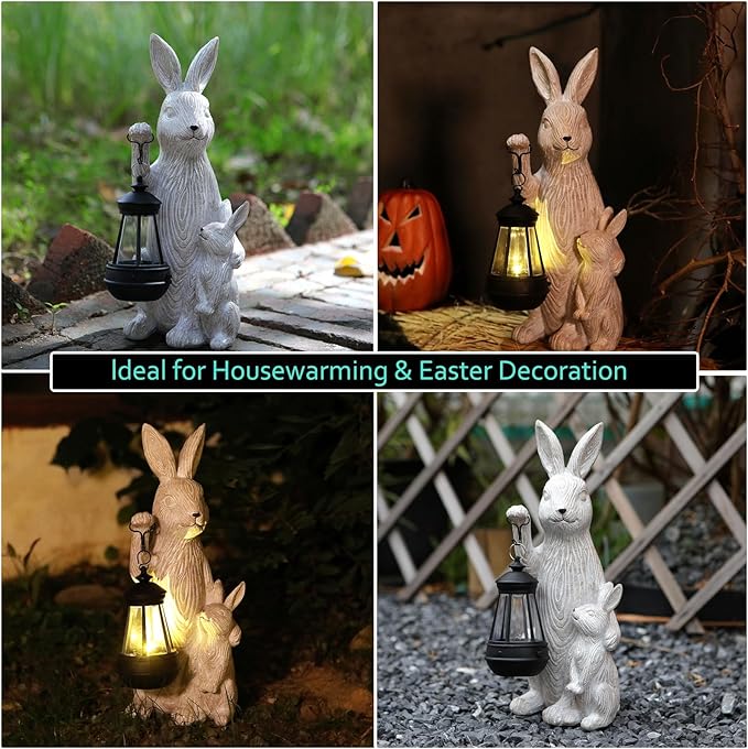 Solar Garden Statues Bunny Decor with LED Lights Home Decorations Outdoor Garden Rabbit Statue for Patio, Balcony, Yard, Lawn Ornament - Unique Housewarming Birthday Gifts for Women-VerdiqueGarden