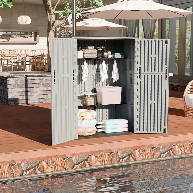 HOMSPARK Outdoor Storage Shed Weather Resistance, Patio Storage Cabinet Lockable Resin Tool Shed for Storage of Bike, Trash Cans, Garden Tools (Light Gray, 66 Cu.ft)-VerdiqueGarden