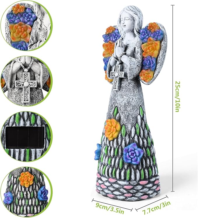 Yiosax-Garden Angels Outdoor Statue-Solar Lights Decor - Solar Angels for Cemetery Grave Cross Praying Succulent Wings Remembrance Angel Figurine Lawn Yard Decorations, White, Yiosax-Angel04-VerdiqueGarden