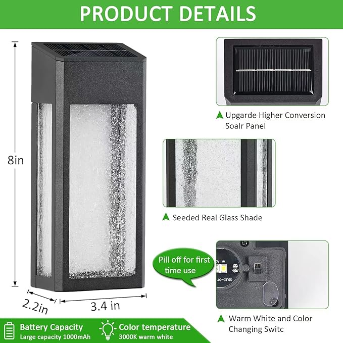 Solar Outdoor Lights, Metal Seeded Glass Auto On/Off Waterproof Solar Wall Warm/Color Changing Solar Lights for Wall Fence Patio Yard Porch Garden Decor,4 Pack-VerdiqueGarden