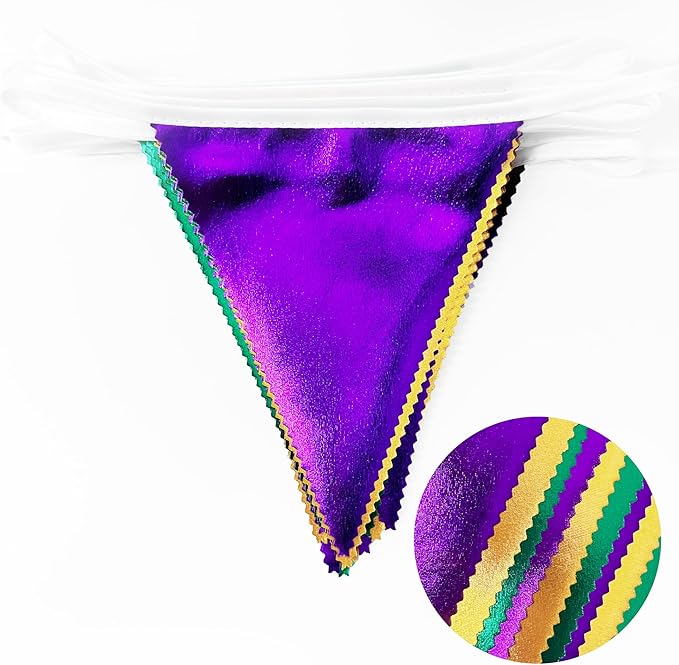 Mardi Gras Party Decorations Purple Green and Gold Metallic Fabric Triangle Pennant Banner Flag Hanging Bunting Garland for Birthday Wedding Baby Shower Bridal Shower Holiday Masquerade Party Supplies-VerdiqueGarden