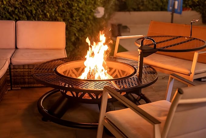 Red Mountain Valley 47" Outdoor Fire Pit with Adjustable Grill, 2-in-1 Metal Outdoor Fireplaces, Large Patio Wood Burning Fire Pits for Outside, Ideal for Backyard, Patio, Party-VerdiqueGarden