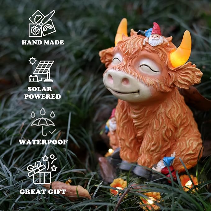 Solar Garden Statue Highland Cow Figurine with Funny Gnomes Garden Outdoor Decor for Yard Patio Lawn Christmas Housewarming Gifts for Women,Mom,Grandma-VerdiqueGarden