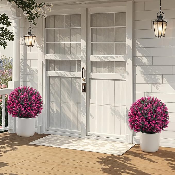 Artificial Topiary Tree with Pink Eucalyptus, Set of 2-17in UV Resistant Fake Evergreen Tree for Porch, Outdoor Artificial Plants for Planters - Ground Spike Included FZHCZWZX-VerdiqueGarden