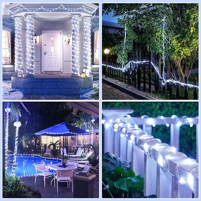 Rope Lights for Outside, 66FT 200 LED Christmas String Lights with Waterproof 8 Modes, Flexible and Connectable Plug in Fairy Light for Outdoor Indoor Patio Pool Garden Party Holiday Decor, White-VerdiqueGarden