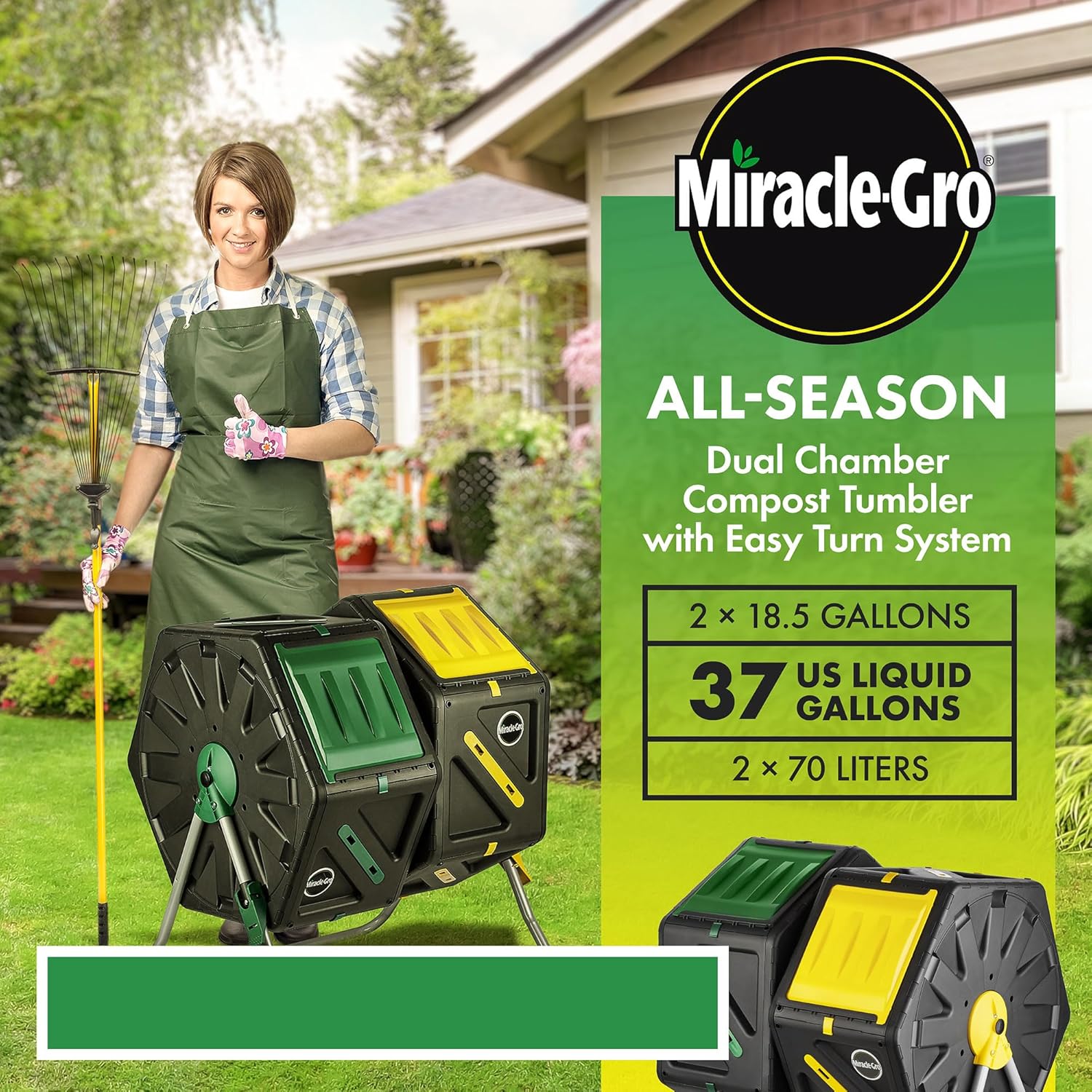 Miracle-Gro Dual Chamber Compost Tumbler – Easy-Turn, Heavy-Duty Outdoor Bin Composter with 2 Sliding Doors (2x18.5 Gal/70L-VerdiqueGarden