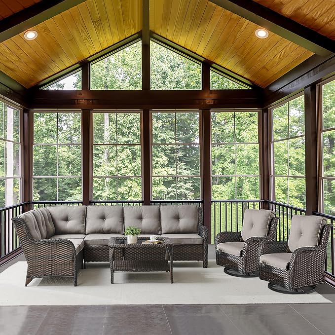 Outdoor Furniture Sectional Sofa L Shaped Couch - Patio Wicker Set with 2 Swivel Glider Chairs, 5 Piece Rattan Patio Conversation Sets with Gray Cushion for Deck Backyard Sunroom-VerdiqueGarden