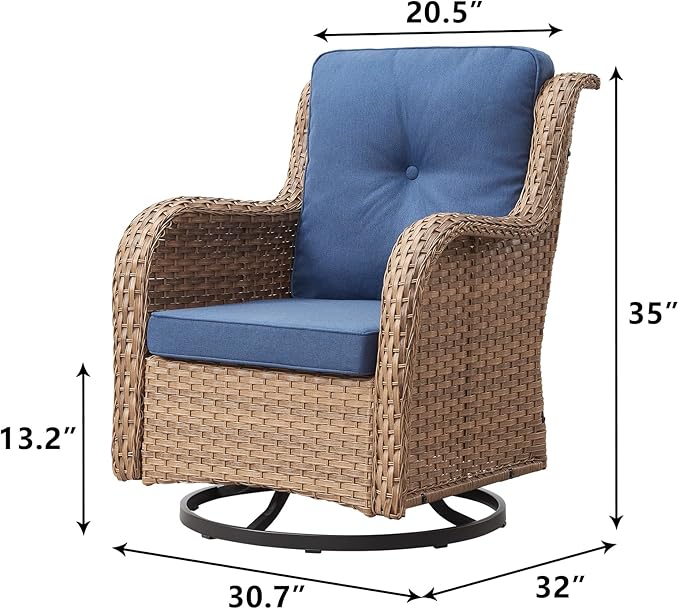 Outdoor Patio Swivel Rocker Chairs - Wicker Rattan Patio Swivel Rocking Chairs Set of 2 with High Back,Deep Seating and Comfort Cushions for Deck Porch Garden,Yellow/Blue-VerdiqueGarden
