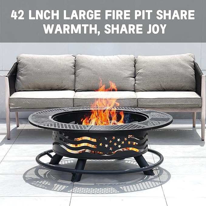 42 Inch Fire Pit with 2 Cooking Grates, Outdoor Wood Burning BBQ Grill Firepit Bowl with Cover Lid, Steel Round Table for Backyard Bonfire Patio Picnic (Black, 42)-VerdiqueGarden