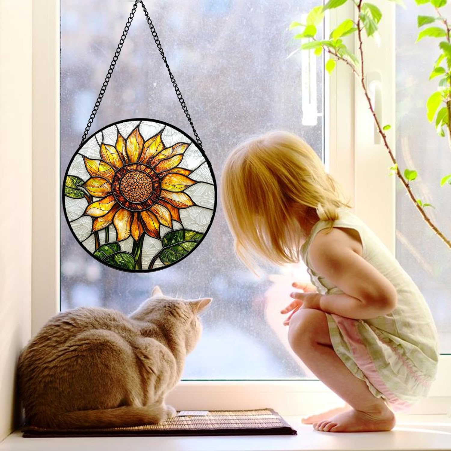 Stained Glass Window Hanging - Sunflower Flower Suncatcher Ready to Hang Window Doors Home Decoration and Christmas, Mother's Day Birthday Gifts for Women, Men, and Mom 9.8x9.8 in-VerdiqueGarden