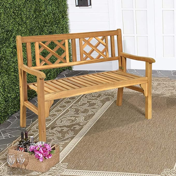 Giantex 4 Ft Foldable Outdoor Bench, Acacia Wood Outside Loveseat with Curved Backrest and Armrest, 705Lbs Weight Capacity, Garden Bench for Patio, Park, Porch, Balcony-VerdiqueGarden