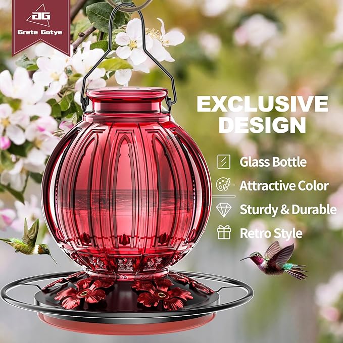 2 Pack Glass Hummingbird Feeder for Outdoors Hanging, Bird Nectar Feeder with Perch & 5 Flower Feeding Ports, 26 Oz Leak Proof for Outside Garden Decor Backyard, Gifts for Women Mom, Red-VerdiqueGarden