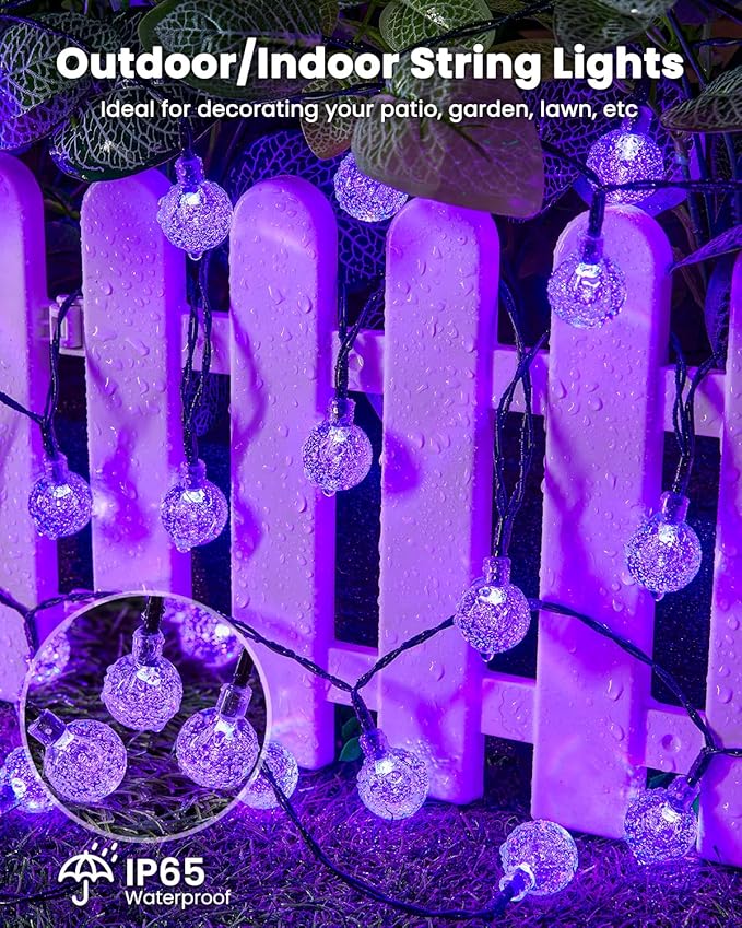 Brightown Purple Solar Halloween Lights Outdoor 60 Led 36 Feet Crystal Globe String Lights with 8 Lighting Modes, Waterproof Solar Powered Patio Lights for Garden Yard Porch Decor (Purple)-VerdiqueGarden
