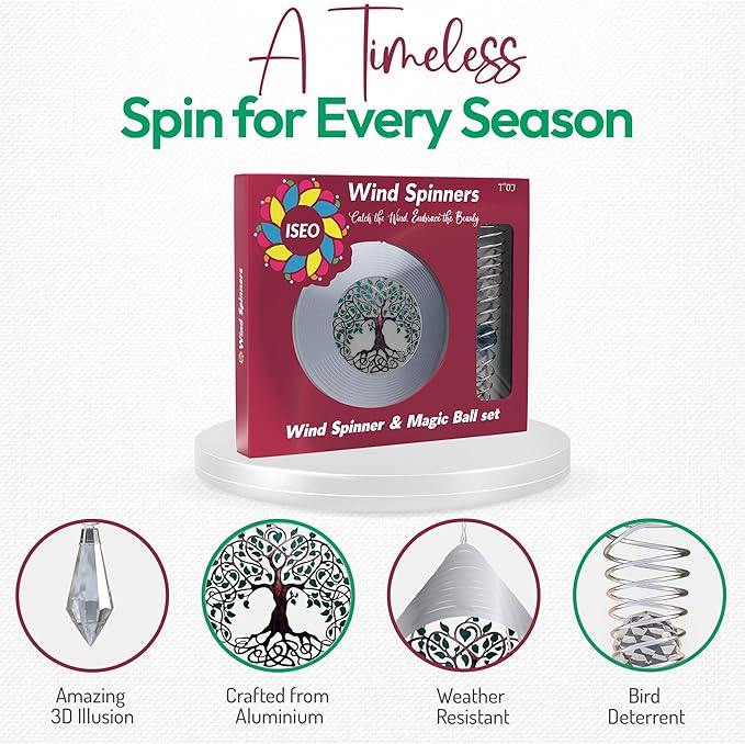 ISEO Tree of Life Wind Spinner Outdoor and Gazing Ball Set, Metal Yard and Garden Decoration, Weather-Resistant Wind Spinners for Outdoor, 6.5" Cool Garden Décor, Perfect Wind Spinner Gift-VerdiqueGarden