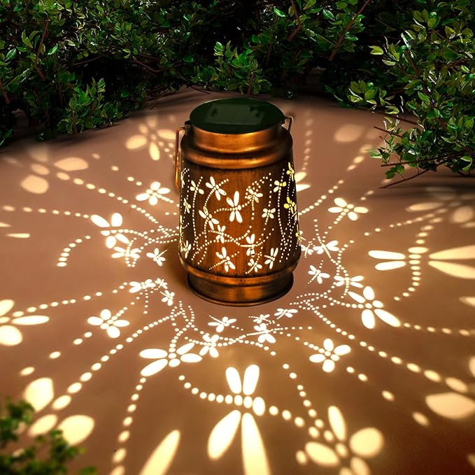 Dragonfly Solar Lanterns Outdoor Hanging, Hollowed-Out Metal Waterproof LED Garden Decor Light for Patio Yard Pathway Lawn Front Porch Tree, Christmas Thanksgiving Birthday Gifts for Women Mom Grandma-VerdiqueGarden