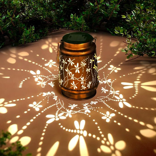 Dragonfly Solar Lanterns Outdoor Hanging, Hollowed-Out Metal Waterproof LED Garden Decor Light for Patio Yard Pathway Lawn Front Porch Tree, Christmas Thanksgiving Birthday Gifts for Women Mom Grandma-VerdiqueGarden