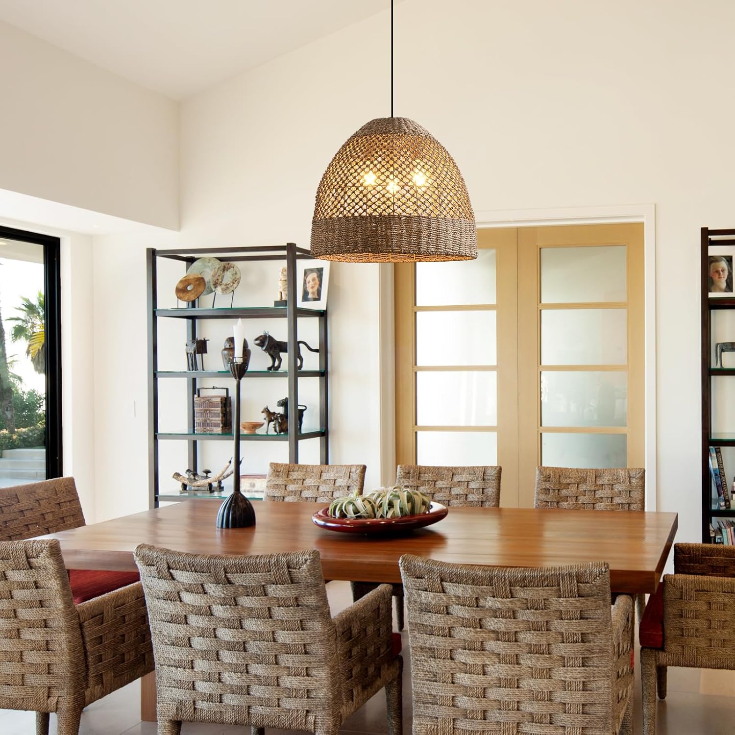 18.9" Rattan Chandelier, Coastal Large Pendant Light,Boho 3-Light Wicker Hand-Woven Seagrass Pendant Lighting Ceiling Hanging,for Kitchen Islands, Dining Rooms, and Farmhouses.-VerdiqueGarden