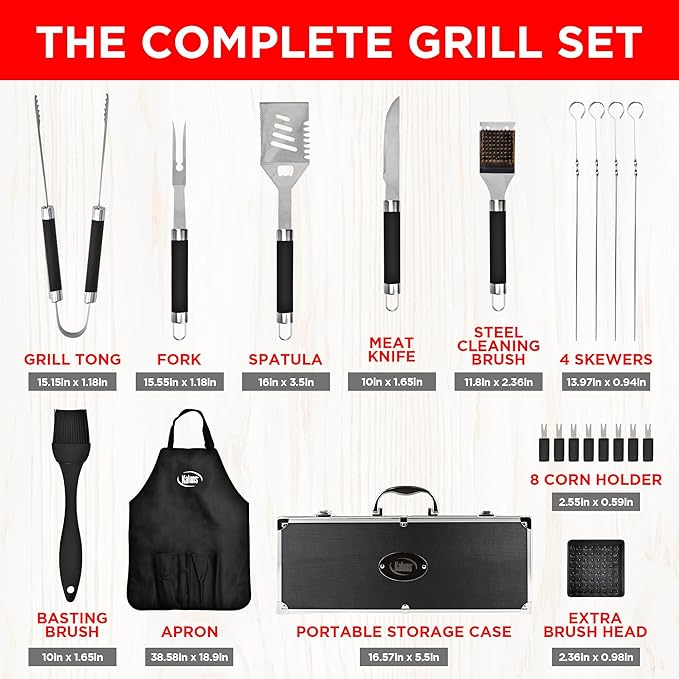 Kaluns Grilling Accessories, Dad Gifts for Christams Grilling Gifts, Heavy Duty Stainless Steel BBQ Grill Tools Set for Outdoor Grill with Aluminum Case and Apron, Dad Birthday Gifts for Men Husband-VerdiqueGarden
