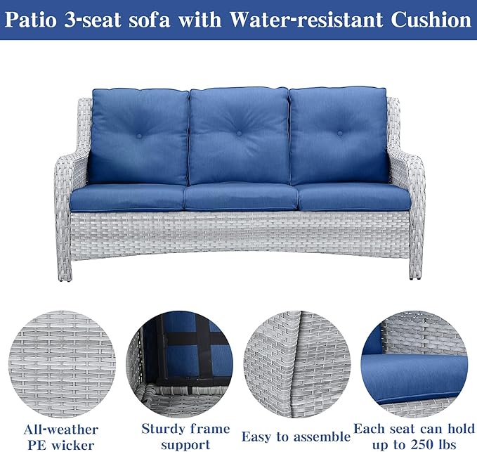 Wicker Patio Furniture Sets - 13 Piece Outdoor Rattan Furniture Conversation Sets with 4 Swivel Rocker Chairs, 2 Rattan Sofas, Wicker Ottomans and Coffee Table, Light Grey/Blue-VerdiqueGarden