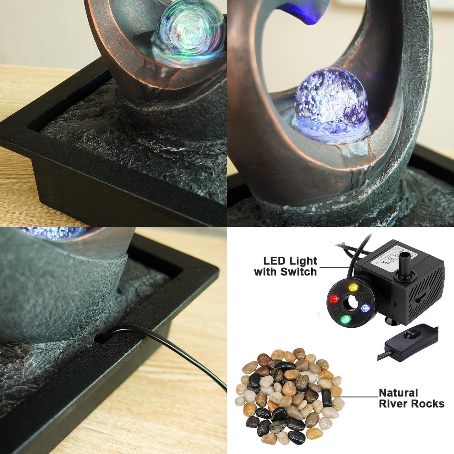 Spinning Orb Rock Cascading Tabletop Fountain, Zen Meditation Indoor Waterfall Feature with ON/Off Switch, Waterfall Fountain with LED Light for Home Office Bedroom-VerdiqueGarden