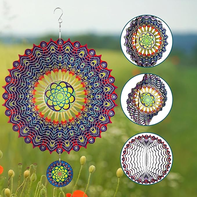 TUOKING Wind Spinners Outdoor Peacock Feathers 3D Metal Hanging Art Wind Sculptures 12 Inch Stainless Steel for Yard and Garden Decoration Worth Gift for Women-VerdiqueGarden