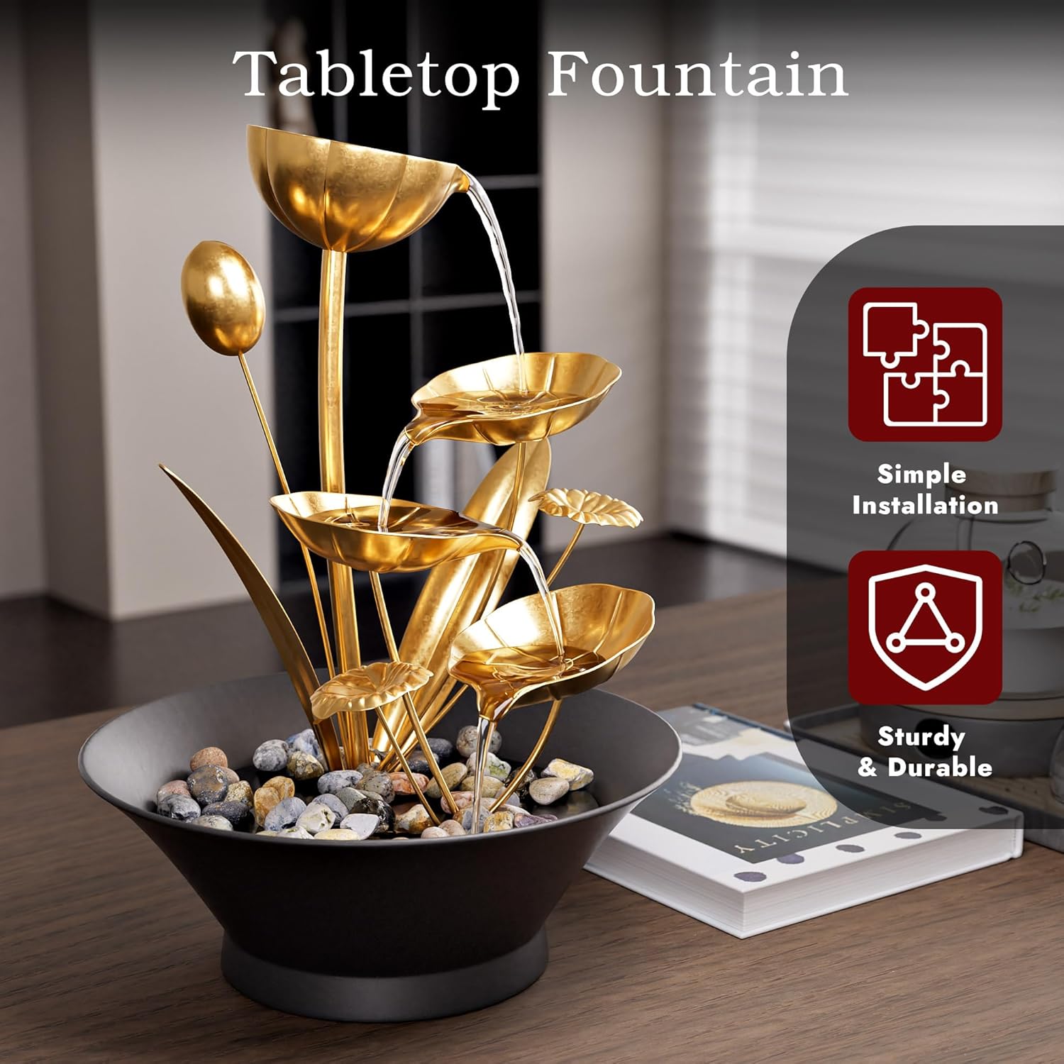 Tabletop Water Fountain, Indoor Waterfall Meditation Fountain with Golden Lotus Modeling & Natural Rocks, Home Decor for Office, Bedroom-VerdiqueGarden