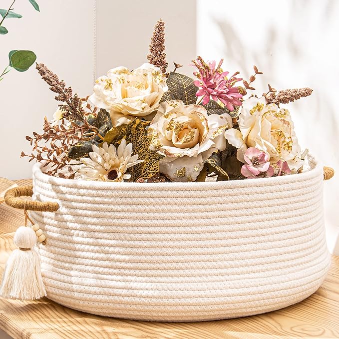 KAKAMAY Woven Baskets for Storage(16"x8"),Blanket Basket for Organizing Living Room,Cotton Rope Basket Woven Baby Laundry Hamper,Collapsible Laundry Room Organization,Clothes,Toy Chest(White)-VerdiqueGarden