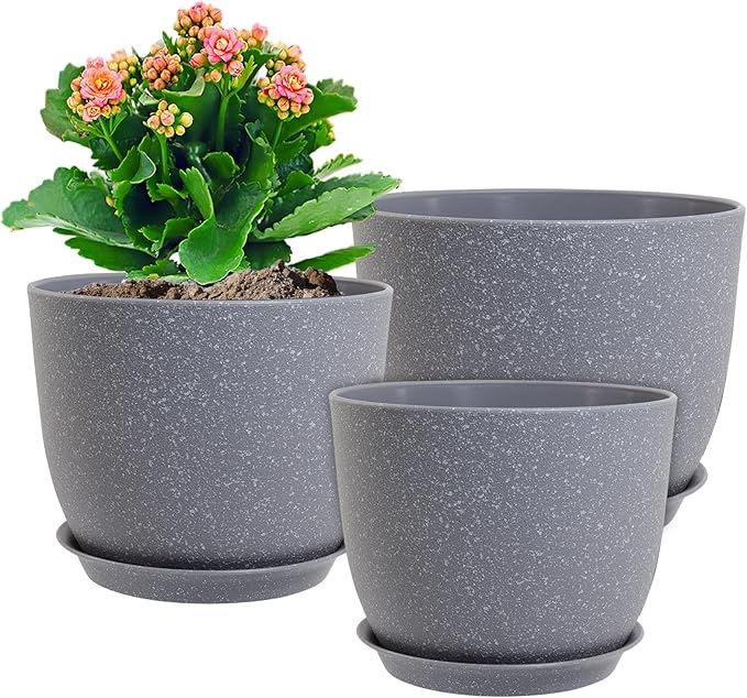 10/9/8 inch Plant Pots, Set of 3 Modern Decorative Plastic Planters with Drainage Holes and Saucers for Garden House Plants, Flower Pots for Indoor Outdoor Plants, Speckled Grey-VerdiqueGarden