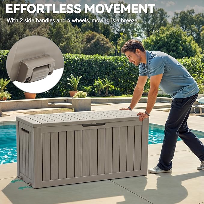 YITAHOME 72 Gallon Outdoor Resin Deck Box with Wheels, Pool Storage Box for Outdoor Cushions, Sports Equipment, Garden Tools, Light Brown-VerdiqueGarden