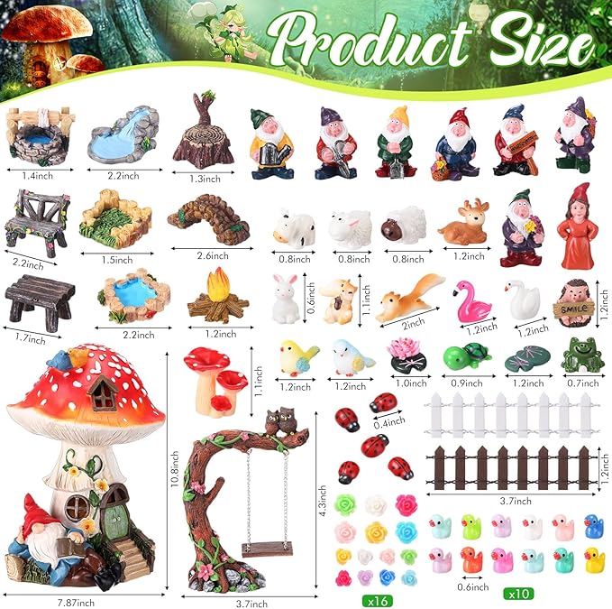 HyDren 100 Sets Garden Gnome Statue Set Mushroom House Solar Light Gnome Miniatures Figures Decor Fairy Resin Statues Garden Accessories for Yard Patio Lawn Outdoor Micro Landscape Ornaments-VerdiqueGarden
