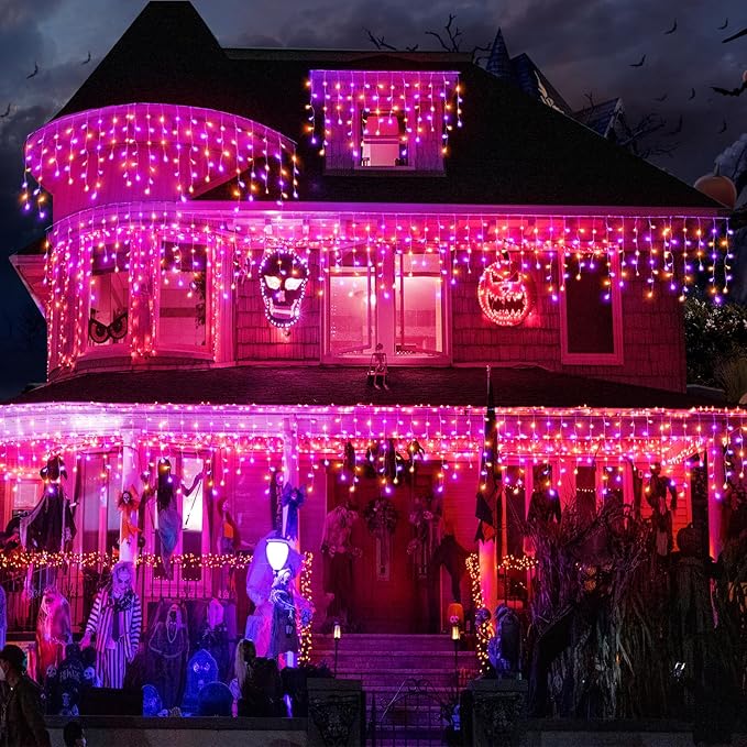 Christmas Icicle Lights Outdoor, 66ft 640 LED Icicle Lights for Outside with 8 Modes Timers, Waterproof Plug in Twinkle String Light for House Eave Patio Party Holiday Decorations, Purple Orange-VerdiqueGarden