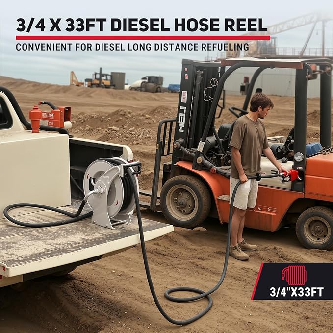 Fuel Hose Reel, 3/4" x 33FT Retractable Hose with Refueling Nozzle, 300 PSI Heavy-duty Steel Construction, Diesel Fuel Kerosene Reel Used for Aircraft Ship Vehicle Tanker Truck-VerdiqueGarden