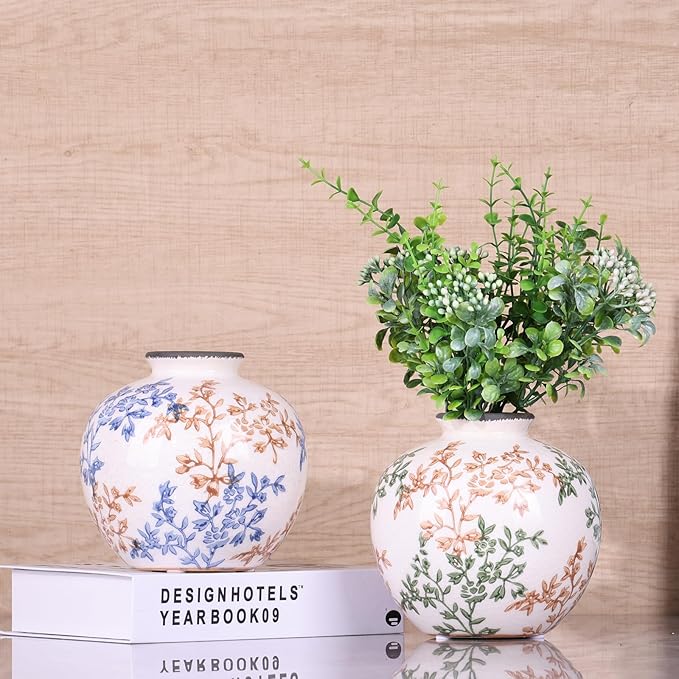 Green, White, and Brown Vintage Round vase, Chinese-Style Green Farmhouse Decorative vase, Suitable for Home Decor，Living Room, Dining Table, Office, Bookshelf, TV Cabinet, entryway Decor.-VerdiqueGarden