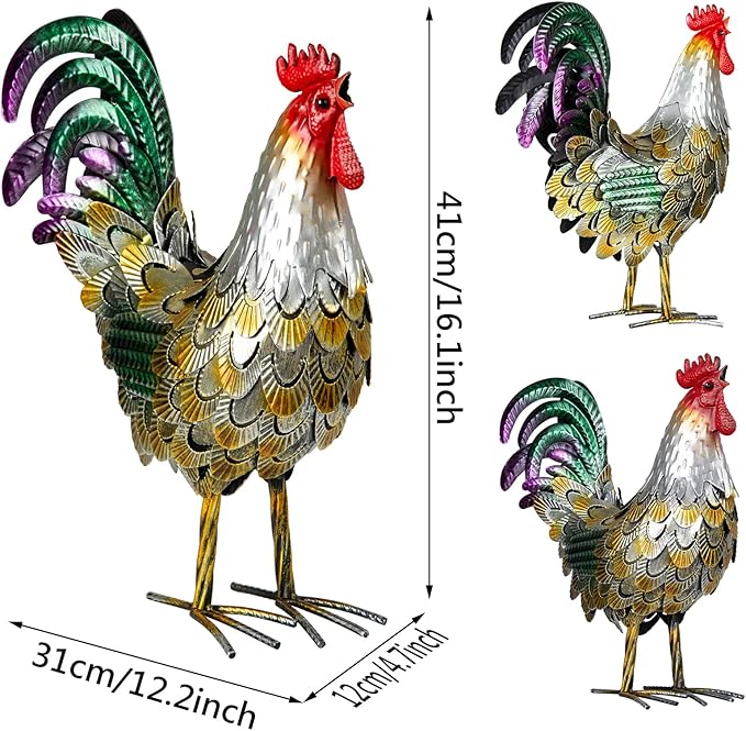 XONOR Metal Rooster Statues, Garden Chicken Decorations, Outdoor Chicken Sculpture, Metal Yard Rooster Artwork for Outdoor, Patio, Backyard and Home Kitchen Decoration (1pc, Vintage Golden)-VerdiqueGarden