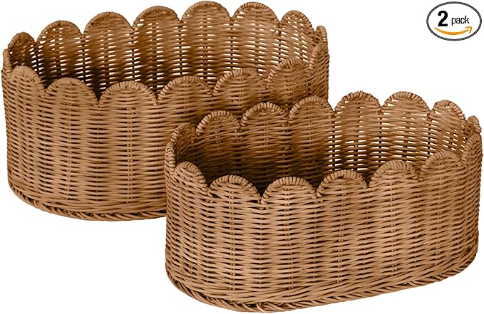 BEBE BASK Premium Scalloped Basket Set Of 2 - Scallop Basket - 16 x 10 x 7 Inch - Hand-Woven Elegant Wicker With Scalloped Edge - Nursery Storage (Mocca)-VerdiqueGarden