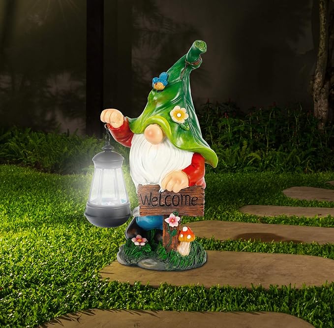 Garden Gnome Statue, Resin Figurine with Bright Solar Lantern Lights and Welcome Sign, Outdoor Solar-Powered Illumination Yard Art Decorations for Indoor Outdoor Patio Lawn Garden Room-VerdiqueGarden
